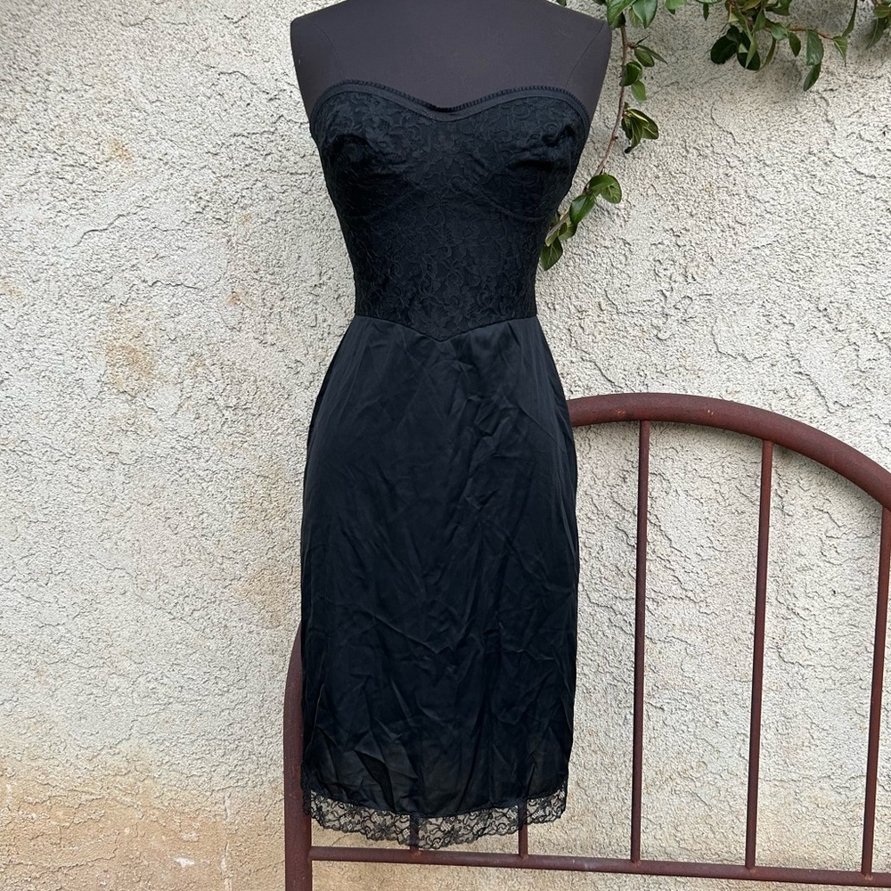 Vintage Laros 60s 70s Black Floral Lace Strapless Midi Slip Dress, Semi Sheer